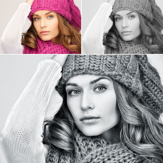 Top left, clockwise: Color Original, default Photoshop conversion, Vitamin BW (Contrast: More; Toning: Cool; BW Filter: Orange)